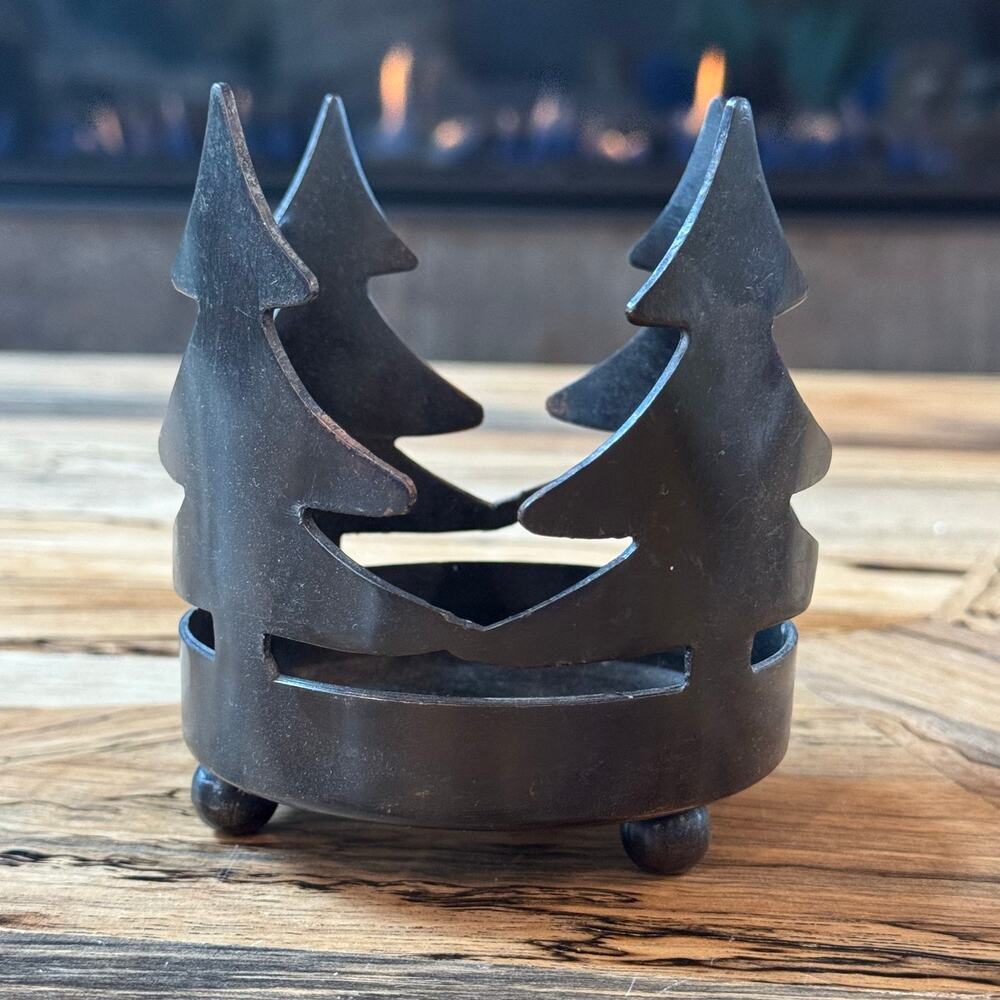 Rustic Metal Pine Tree Pillar Candle Holder Silhouette 4.5"x3.5" Cabin Decor